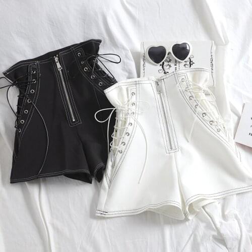 Pantalones Cortos De Mujer Temperament Slim Fashion High Waist Zipper White Bandage Shorts Wide Leg Black Sexy Streetwear Retro