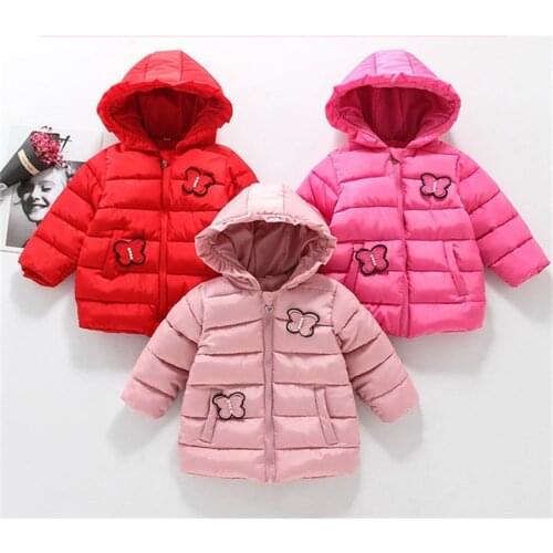 Winter Toddler Girls Cotton Clothing Warm Thick Children Coat Infant Baby Solid Color Butterfly Hooded Cotton Outerwear Overcoat