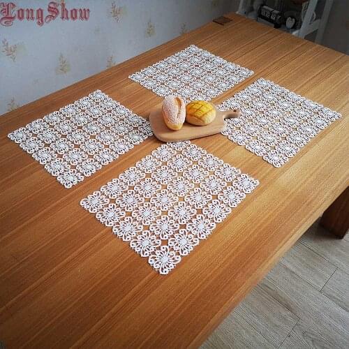 1 Lot 2pcs 25x30cm White Pure Polyester Embroidered Hollow-Out Lace Dining Placemats
