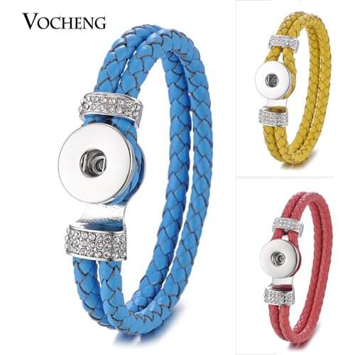 10PCS/Lot Leather Bracelet Vocheng Ginger Snap Jewelry Double Braided Bangle 18mm Button Charms with Crystal 17 Colors NN-578*10