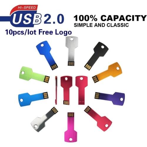 10pcs/lot High Speed USB Flash Drive 16GB 32GB 64GB Pendrive 4GB 8GB Waterproof Metal Key Usb 2.0 Free Logo Memory Stick Gifts