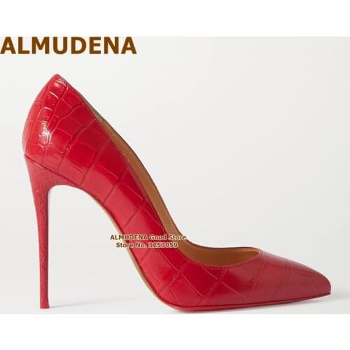 ALMUDENA Sexy Red Crocodile Pattern High Heel Pumps 12 10 8cm Croc-embossed Pointed Toe Wedding Shoes Snakeskin Slip-on Heels