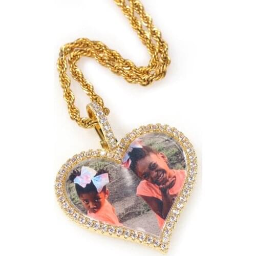 The Bling King DIY Gold Heart Shape Photo Pendant Memory Gifts Couples Shinning Stones Fashion Jewelry With Tennis Chain