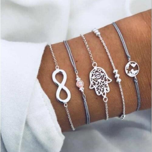 European and American style jewelry with bohimia alloy rope world map letter 8 palm bracelet set 5 piece set for women wholesale