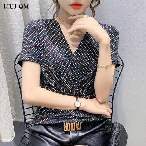 European Summer Oversized T-shirt 2021 New Base Bright Silk Womens T-shirt Glitter Silk Sequins Short Sleeve T-shirts Woman