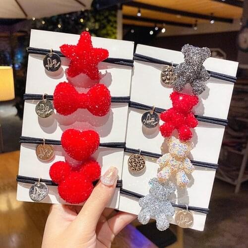 Cute Bear Head Rope Ponytail Holder Full Red Bow Rhinestone Hair Accessories For Women Bear Ins Ties Rubber Band Girls Hair Ring