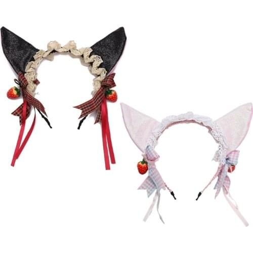 Lolita Lace Headbands Shiny Cat Ears Headwear Bows Adorn with Strawberry Pendant Kawaii Cosplay Headpiece Party Supplies