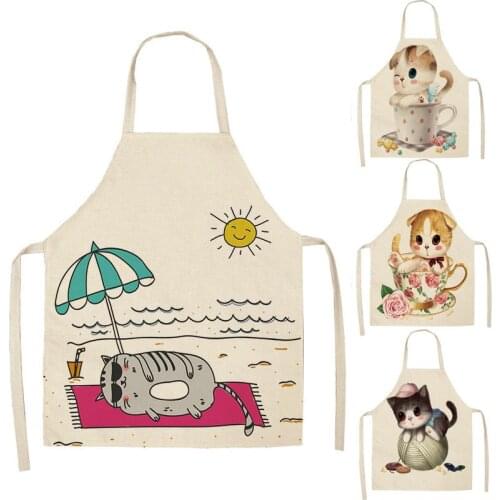 Cat Animals Printed Kitchen Aprons for Women Kids Sleeveless Dolphin Elephant Cotton Linen Bibs Cooking Baking Cleaning Tools