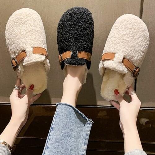 Fur Shoes Low Womens Slippers Outdoor Platform Slides Flock Cover Toe Winter Footwear Fashion Pantofle Plush Flat Massage