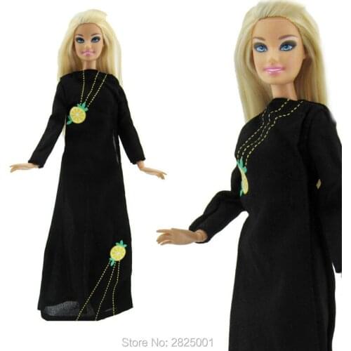 Fashion Black Dress Lemon Pattern Long Sleeves Split Skirt Princess Party Costume Clothes For Barbie Doll Accessories Toy