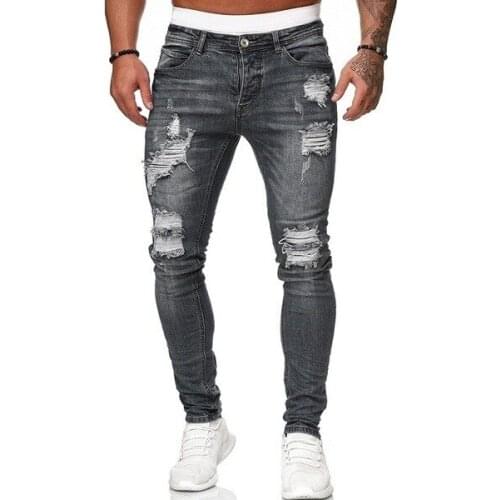 2021 New Fashion Streetwear Mens Jeans Destroyed Ripped Design Pencil Pants Ankle Skinny Men Full Length Hole Jeans
