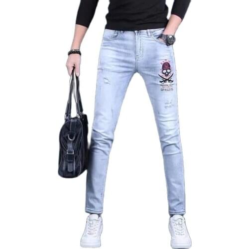 2021 Men’s High Quality Embroidery Blue Jeans,Slim-fit Ripped Denim Pants,Classic Style Casual Jeans,Youth Fashion Must