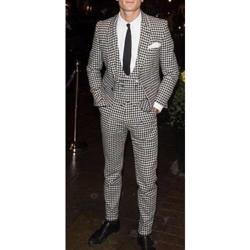 Mens Checkered Suit Houndstooth Custom Made Men Dress Suits,Tailored Casual Men Suits Duotone Weave Hounds Tooth Check 3 Pieces