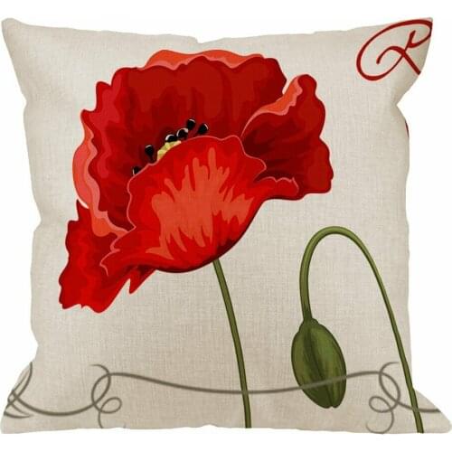 Pillow Case Red Poppies Cotton Linen Square Cushion Cover Standard Pillowcase