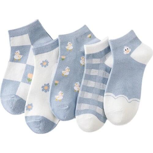 5 Pair Cartoons Breathable Cotton Women Socks Cute Asakuchi Summer Short Fashion Designer Socks Blue Color All-match Skarpetka