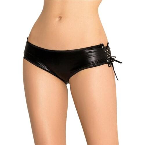New Black Women Lingerie Faux Leather Erotic Briefs Thong Bow Underwear Underpants Low-Waist Strech Mini Sexy Panties for Womens