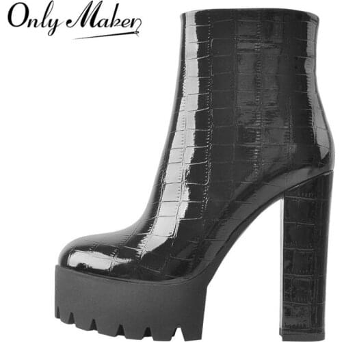 Onlymaker Platform Black Side Zip Round Toe Patent Leather Round Chunky High Heels Ankle Booties Big Size lady Flock Short Boots