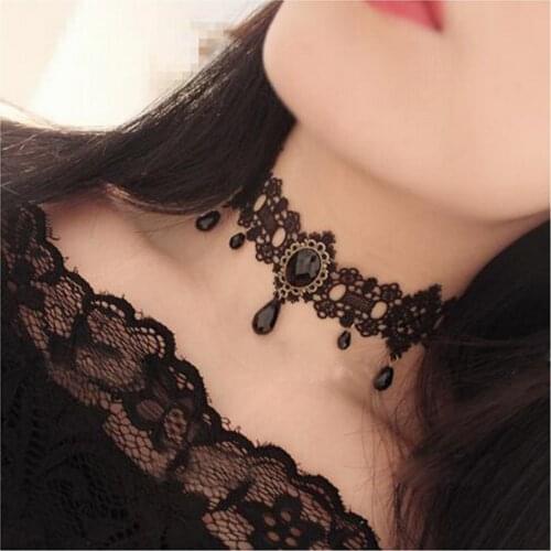 2021 fashion Crystal Tassel Tattoo Choker Necklace Black Lace Choker Collar Vintage Women Wedding Jewelry