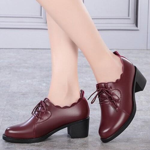 Plus Size Women Shoes Solid Fashion Genuine Leather Pointed Toe Office Career Cross-tied 5.5cm High Heels Female Pumps Shoes