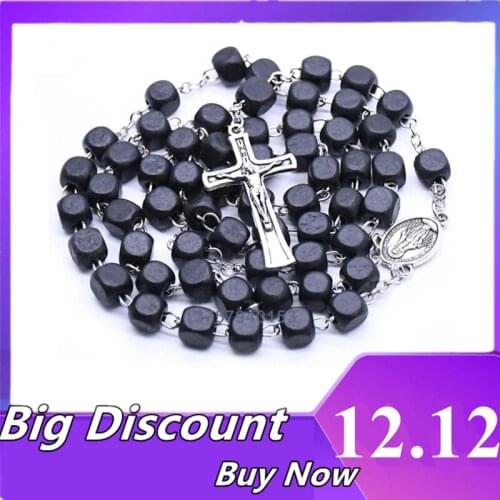 Religious Vintage Wood Wedding Square Bead Blessing Long Strand Black Cross Necklace