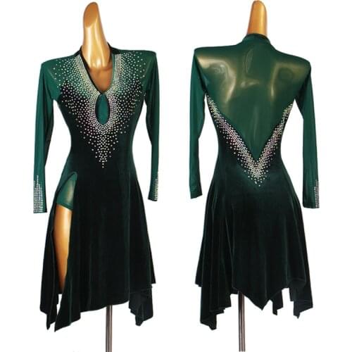 Sexy V-Neck Latin Dance Split Dress Professional Competition Costume Gorgeous Rhinestone Rumba Samba Performance Clothing DB3820
