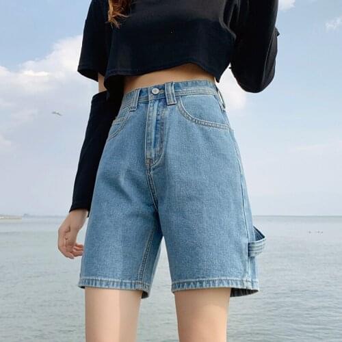 High Waist Straight Denim Shorts For Women Half Jeans Summer Fashion Korean Casual Black Big Pockets Blue Shorts 2021 Loose Wear