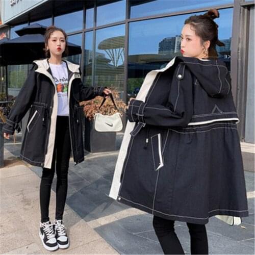 Plus Size 4XL2020 New Autumn Big Size Long-Sleeved Hooded Black Womens Windbreaker Coat Casual Loose Women Korean Windbreaker