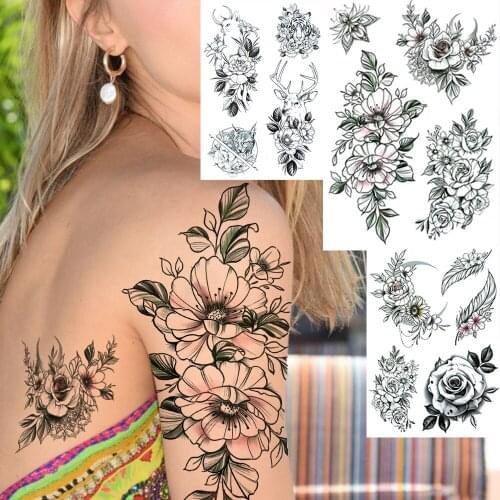 Peony Lily Flower Temporary Tattoo For Women Black Rose Peony Moon Elk Feather Tattoo Sticker Tiger Cat Jewelry Tatoos