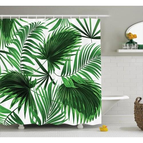 Palm Leaf Shower Curtains Realistic Vivid Leaves of Palm Tree Growth Ecology Lush Botany Themed Print Bathroom Curtain Bath Mat