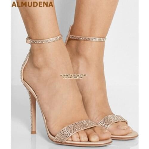 ALMUDENA Women Champagne Gold Bling Bling Crystal Sandals Thin High Heels Luxury Buckle Strap Wedding Shoes Gladiator Pumps