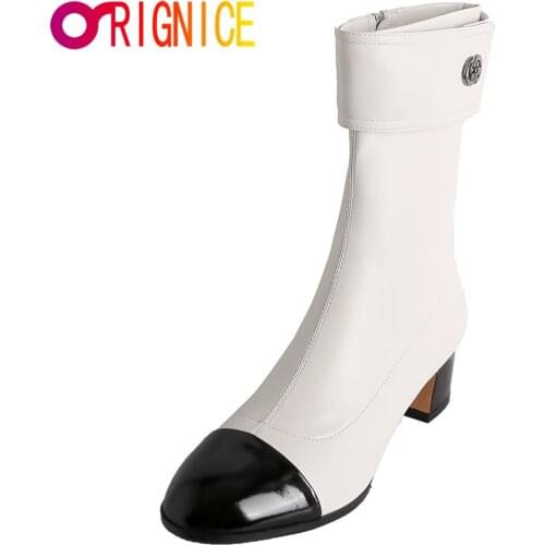 Orignice Fashion Ankle Boots Women High Quality Leather Square Heel Zipper Round Toe Autumn Dress Party Shoes Black White