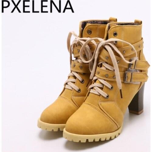 PXELENA Hot Rivet Buckle Motorcycle Boots Women Square High Heel Lace Up Military Combat Boots Ladies Shoes Plus Sz 34-42