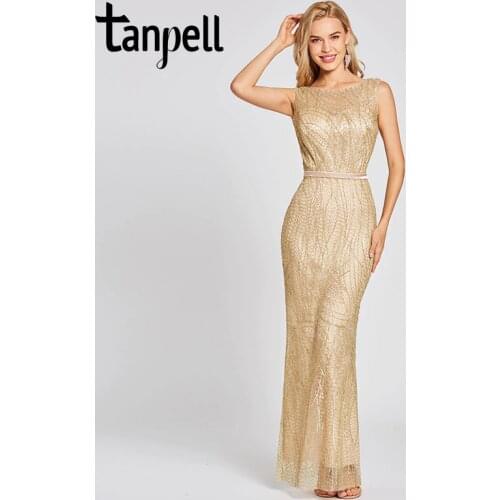 Tanpell lace evening dress champagne sleeveless scoop floor length gown women backless gilding mermaid formal long evening dress