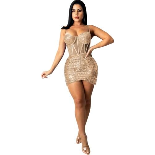 Cutubly Sequin Straps Mini Dresses Chest Wrapping Party Dress Elastic Waist Bodycon Sexy Solid Mesh Womens Wear Summer Vestidos