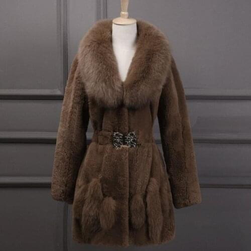 100% fox big fur collar coat woman leather grass jacket long plus cotton coat large size M-6XL