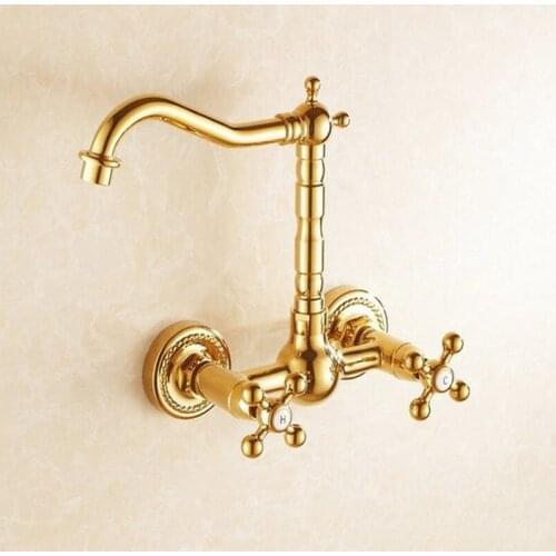 Gold Color Brass Wall Mounted Dual Cross Handles Swivel Spout Kitchen Sink Bathroom Basin Faucet Cold & Hot Mixer Tap agf010