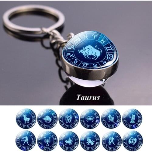 2021 12 Constellation Jewelry Zodiac Keychain Glass Dome Pendant Key Chain Holder Fashion Accessory Birthday Christmas Presents