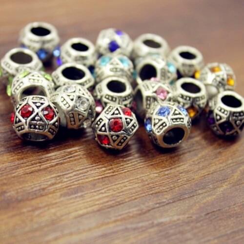 Antique Silver color Rhinestones Round European 5mm Hole Big Hole Spacer Beads for DIY Jewelry Making Charms Bracelet Finding