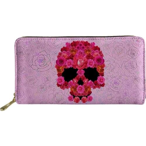 Large PU Leather Wallet Female Pink Coin Purse Women Floral Skull Print Long Clutch Wallets Zipper Money Bag Ladies Card Purse