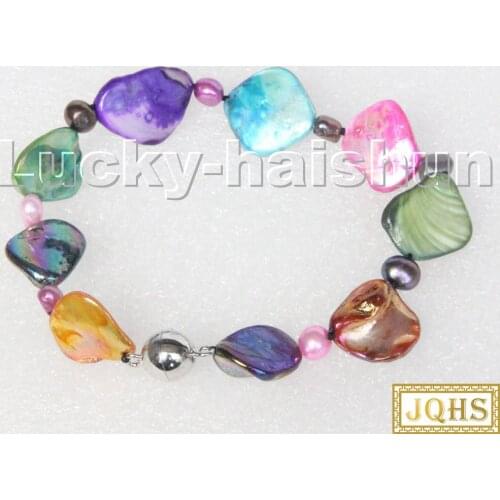 Natural 8" Baroque white pearls Multicolor seashell Bracelet magnet clasp c123