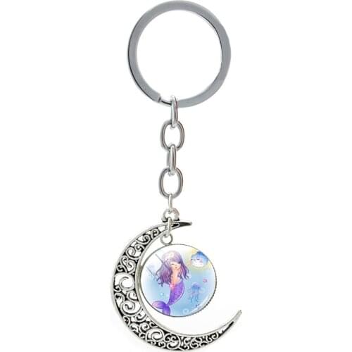Mermaid Cartoon Drawing Moon Keyholders Art Beauty Fish Design 20mm Glass Beads Key Ring For Women Decoration