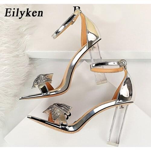 Eilyken 2021 New Butterfiy-Knot Crystal Square Perspex High Heels Buckle Strap Summer Womens Sandal Silver Party shoes
