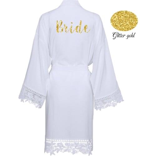 Rayon Cotton Lace Robe Bride Robe Bridesmaid Robes Women Bridal Wedding Robe Sleepwear Bathrobe White Robes Glitter Gold Print