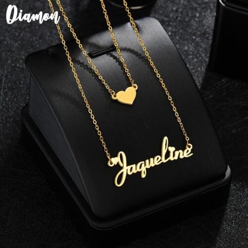 Diamon Customized Fashion Stainless Steel Name Necklace Personalized Letter Gold Double Layer Heart Necklace Pendant Name Gift