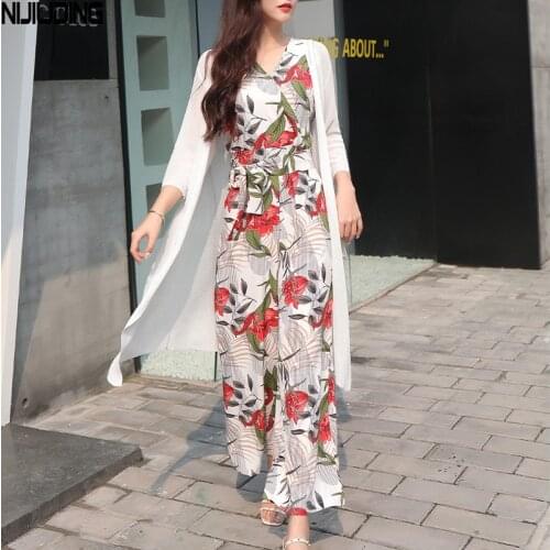 Women Retro Chiffon Wide Leg Pants 2021 New Spring Summer Bodysuits Female Slim Printed Lace Up V-neck Vest Oversize Jumpsuits