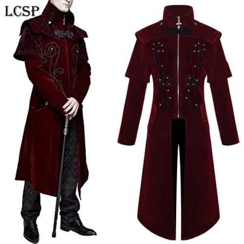 LCSP Renaissance Medieval Earl Noble Red Wine Tuxedo Trench Coat Suit Cosplay Middle Ages Knight Duke Retro SCA LARP Costumes