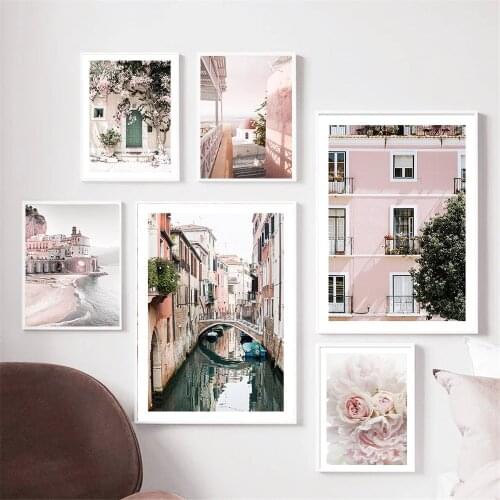 Fashion Architecture Wall Art Poster And Print Leaf Flower Plant Canvas Painting Romantic Pink Dress Women Pictures Home Decor