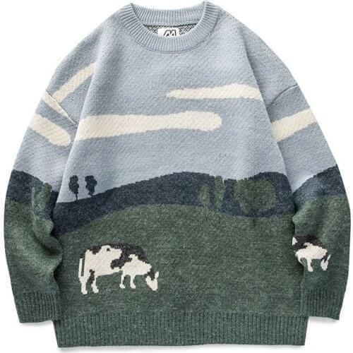 Youth Men Cows Vintage Winter Sweaters Pullover O-Neck Korean Knitted Sweater Women Casual Harajuku Couple Streetwear Oversize