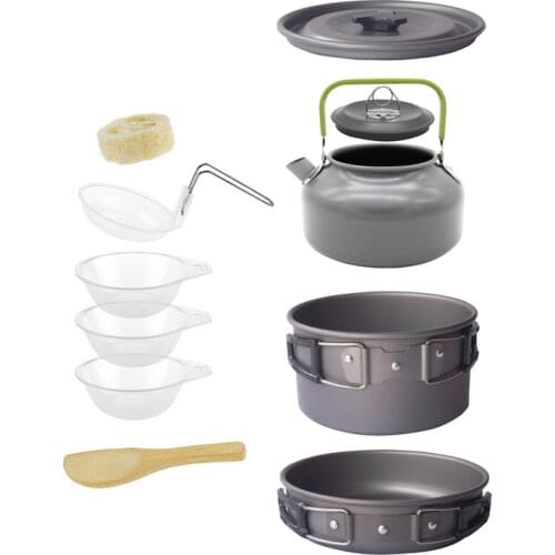2-3 Person Portable Outdoor Camping Picnic Survival Hiking Cooking Set Cookware Pot Frying Pan Tableware with Kettle