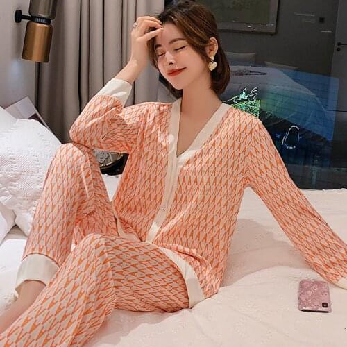 New Long Sleeve Small Fragrance Ice Silk Home Clothes Can Be Worn Outside Suit Cardigan Pajamas Woman Pijama Set